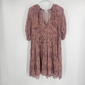 Saint Art Babydoll Dress Maroon Red Puff Sleeve Tiered Boho flare Quiet Luxury S